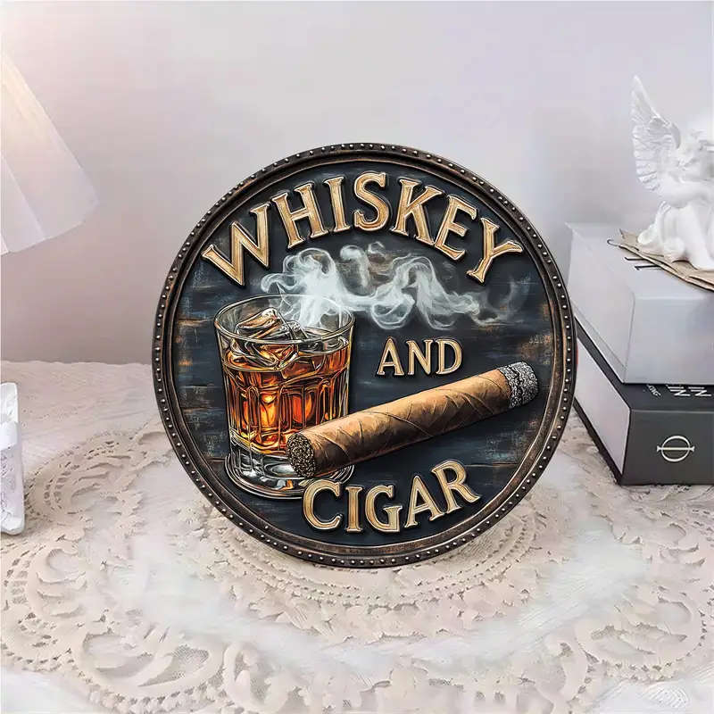 1pc 3D Painted Rustic Wooden Round Sign Whiskey and Cigar Artistic Decorative Wall Art Unframed Clas
