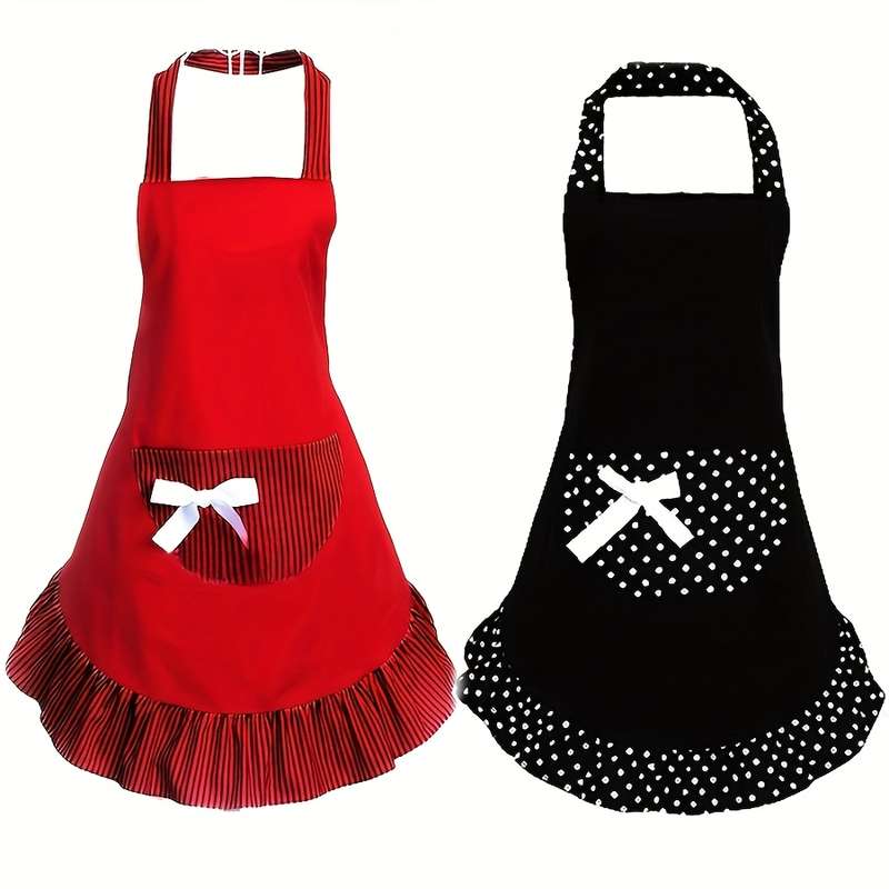 1pc Retro Polka Dot Apron with Ruffle Hem Large Pockets Black and White Vintage Kitchen Ba