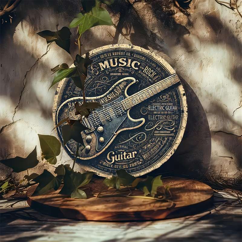 1pc Vintage Round Aluminum Tin Sign with Guitar Design 1 Piece Foil Engraved Metal Signage Durab
