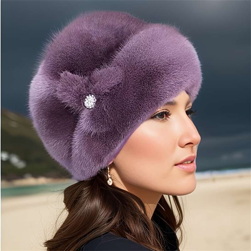 1pc Winter Warmth Faux Fur Elastic Fit Hat One Women's Ear-warming Knitted Solid Color Hat Poly