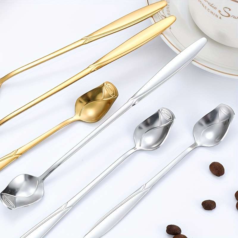 8pcs High-Quality Stainless Steel Rose Flower Spoon Fashionable Design 6.77-inch Long Handle