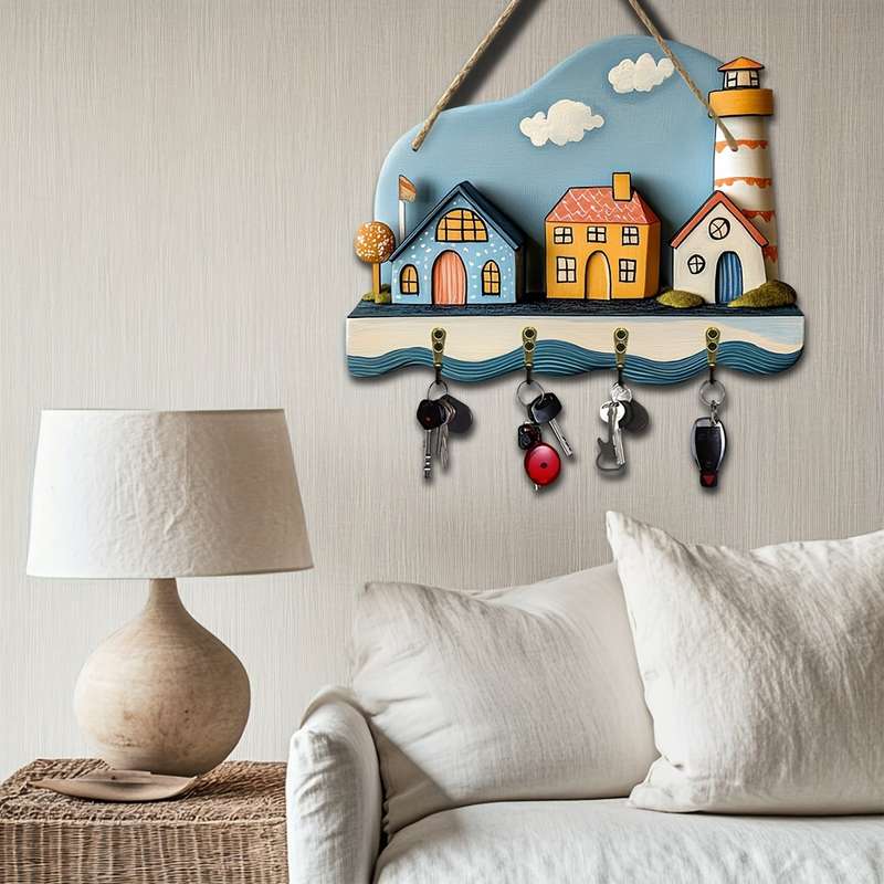 1pc Seaside Style Creative Home Wall Mounted Key Holder Simple Colorful Wooden Key Holder with Fou