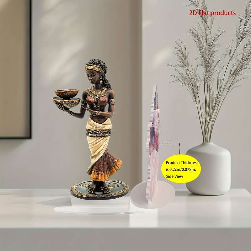 1pc 2D Flat  Elegant Bohemian African Lady Statue with Golden Accents  Acrylic Crystal Decoration In