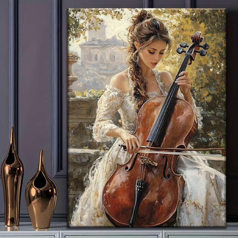 1pc Elegant Cello Player Canvas Art Print with Wood Frame Large Contemporary Musician Wall Decor