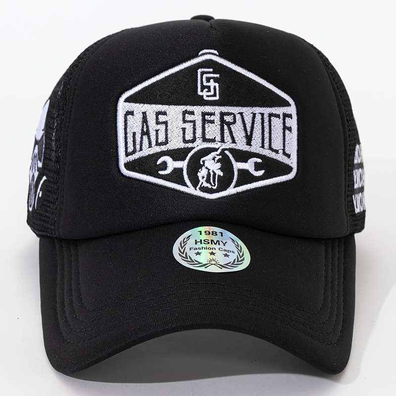 1pc "GAS SERVICE" Embroidered Logo Trucker Cap with Breathable Mesh Back a Casual Sunshade Hat for