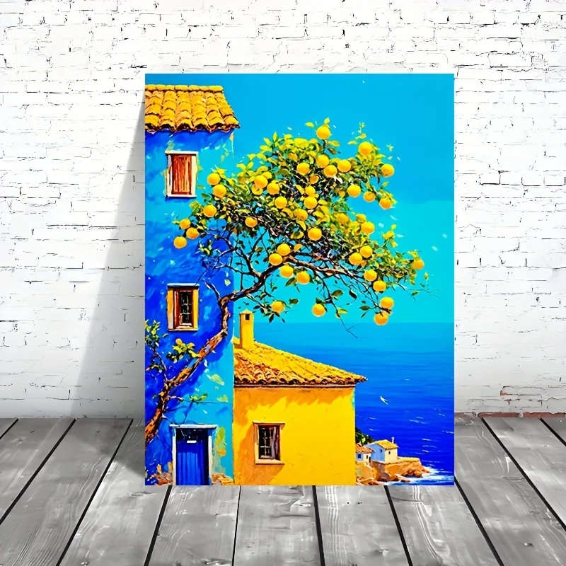 1pc Vibrant Mediterranean Landscape Canvas Print 30.48x40.64cm Artistic House and Fruit Tree Poster