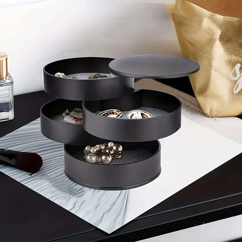 1pc Glam Style Rotating Jewelry Organizer Multi-Layer Tabletop Storage with Lid Round Plastic Deskto