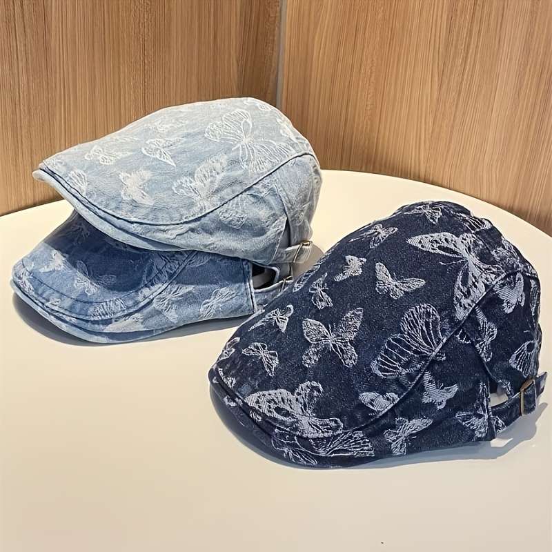 1pc Vintage Butterfly Denim Beret for Women Adjustable Sun-Protective Fashion Cap with Tie-Dye D