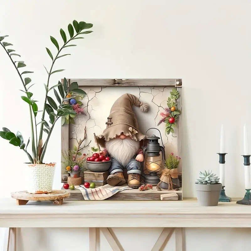 1pc Rustic Wooden Gnome Wall Art 2D Flat Printed Holiday Decor Vintage Square Hanging Ornament for G
