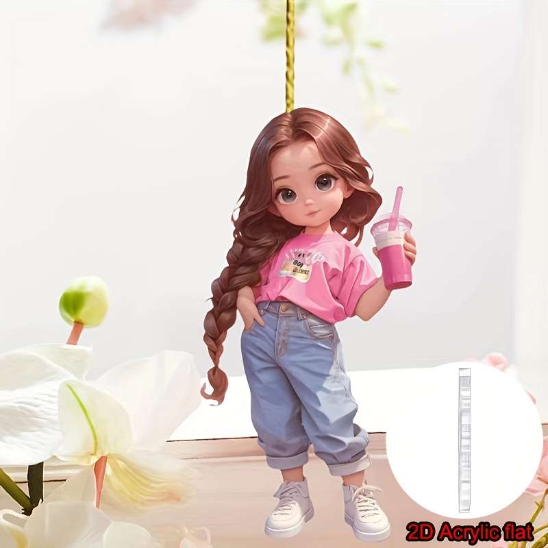 1pc 2D Flat  Acrylic Pendant Long Braided Pink Girl with Drink Ideal for Car Rearview Mirror Wal