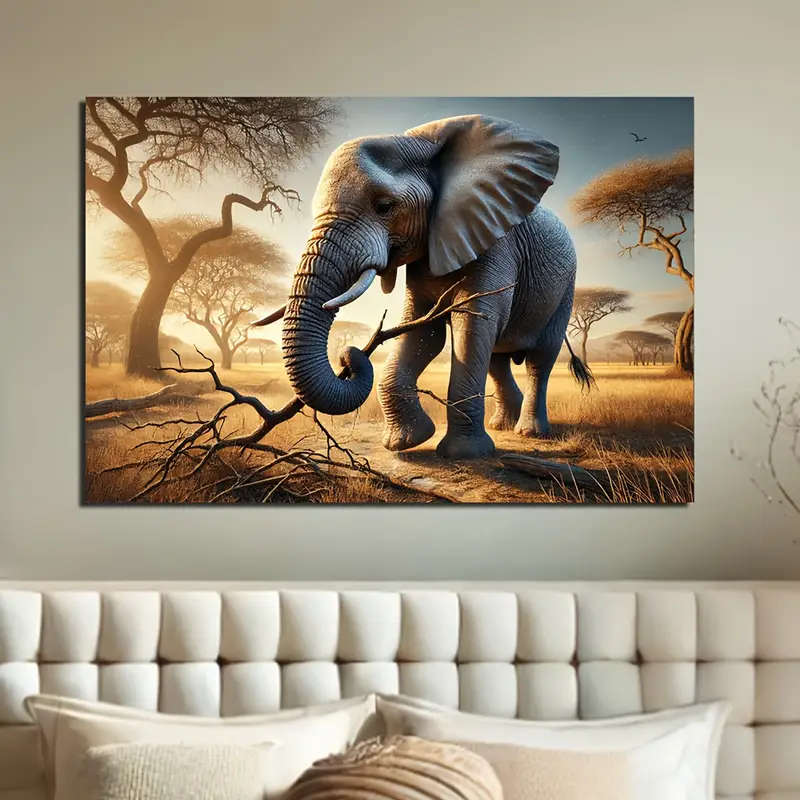 1pc Elephant Canvas Art with Wood Frame Modern Oil Painting Style Warm Savanna Sunset Scene Home Off