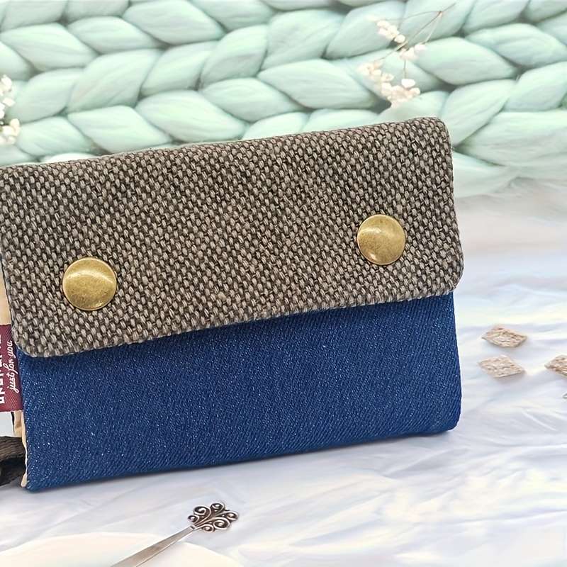 1pc Compact Bifold Wallet with Golden Snap Closure Unisex Fabric Coin Purse Card Holder Black