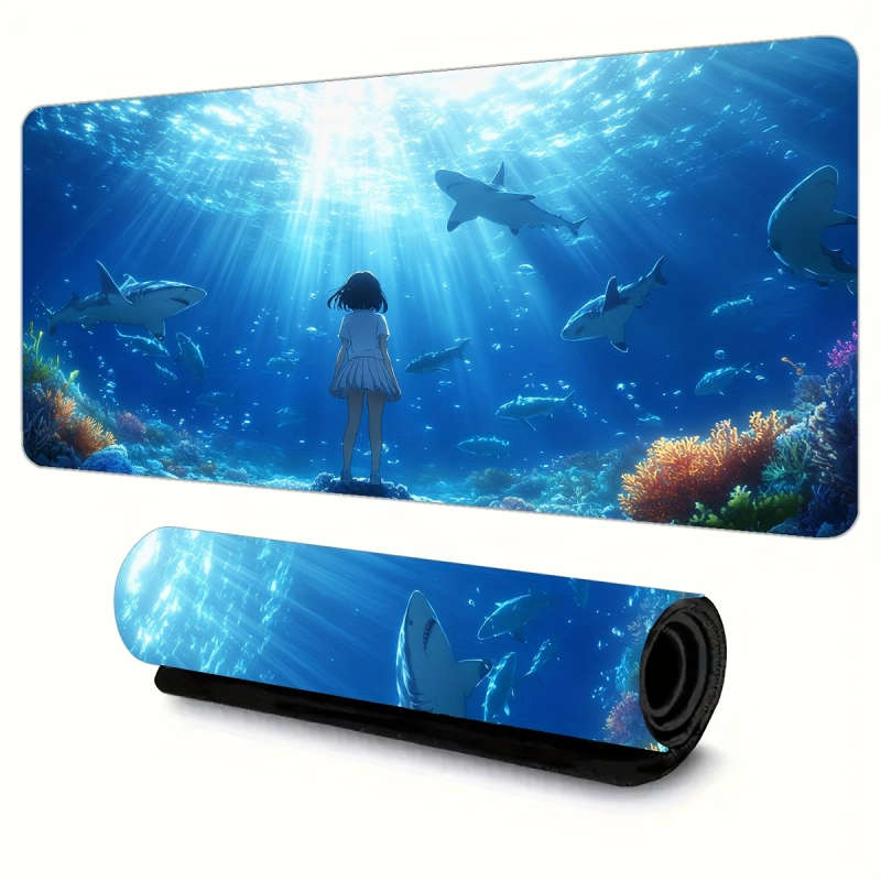 1pc 30x60cm Ergonomic Rubber Mouse Pad Underwater Shark Girl Design Non-Slip Washable Durable