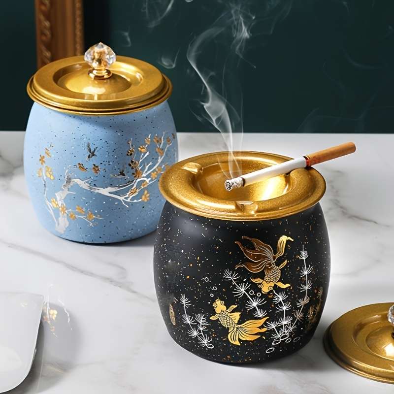 1pc Elegant Stainless Steel Ashtray with Lid Anti-Fly Round Design for Home Living Room Decor