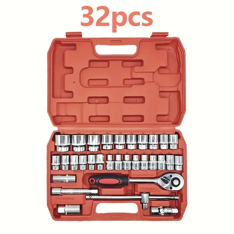 32pcs 1/2" Drive Ratchet Wrench and Socket Set, Durable Chrome Vanadium Steel, with Toolbox, for Aut