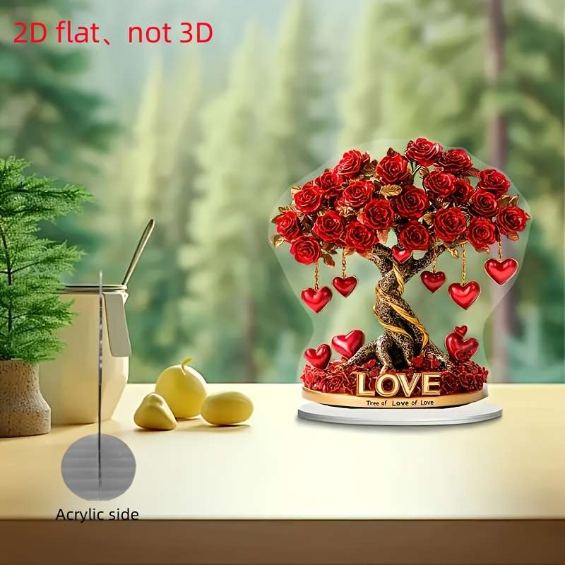 1pc 2D Flat   Bohemian Style Acrylic Heart Rose Tree Decor "Tree of Love" Golden Base with Re