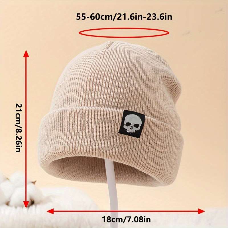 1pc MAKEFGE Skull Logo Knit Beanie Warm Stretchy Acrylic Winter Hat for Men Funky Style Handw