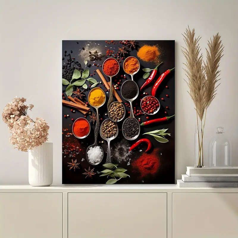 1pc Colorful Cooking Spices Canvas Wall Art Wooden Framed Print for Kitchen Living Room Bedroom Deco