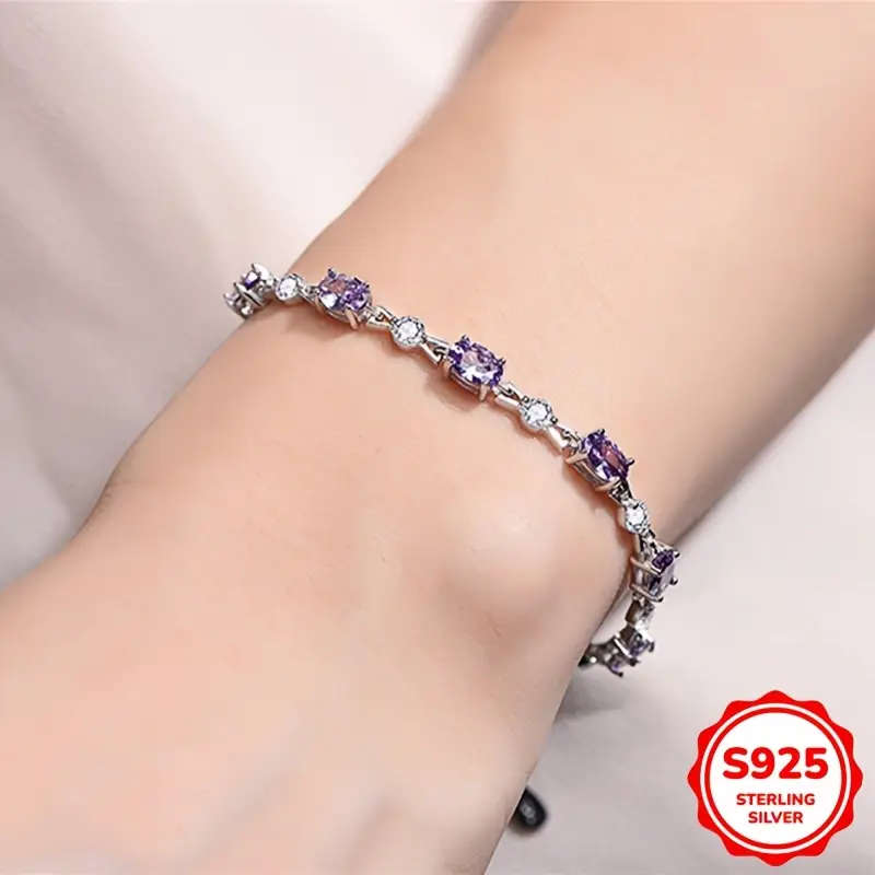 925 Sterling Silver Bracelet with Purple Cubic Zirconia - Bohemian Style