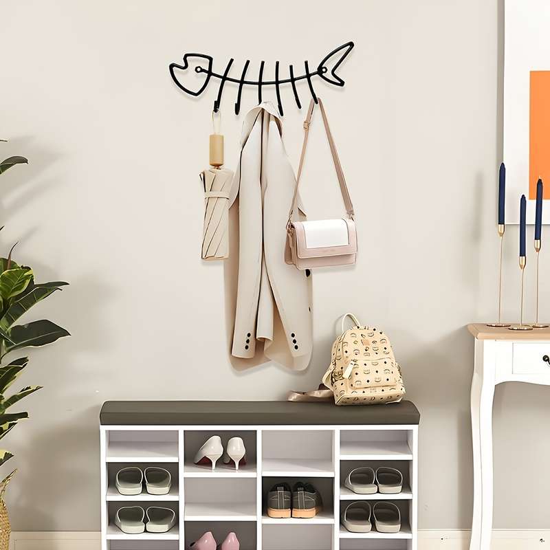 Unique Metal Fishbone Key Hook Decorative Fishbone Wall Mounted Towel Rack Fashionable Clothes and