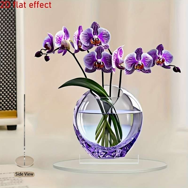 1pc 2D Flat -Printed Purple Orchid Acrylic Floral Decor with Crystal Glass Effect No Electricity N