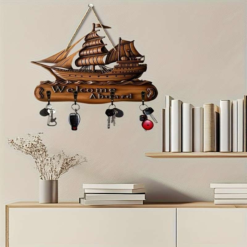 1pc sailboat sailing theme home wooden key hanger key storage with hooks multi-functional artisti