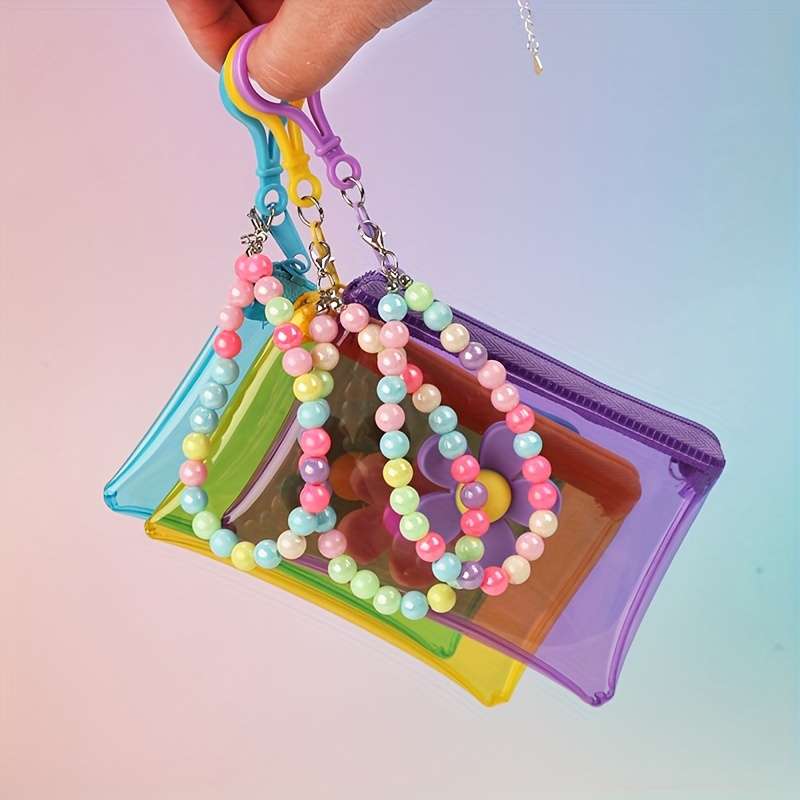 1pc Trendy Transparent PVC Coin Purse with Beaded Chain Compact Key Card Holder Zip Closure E