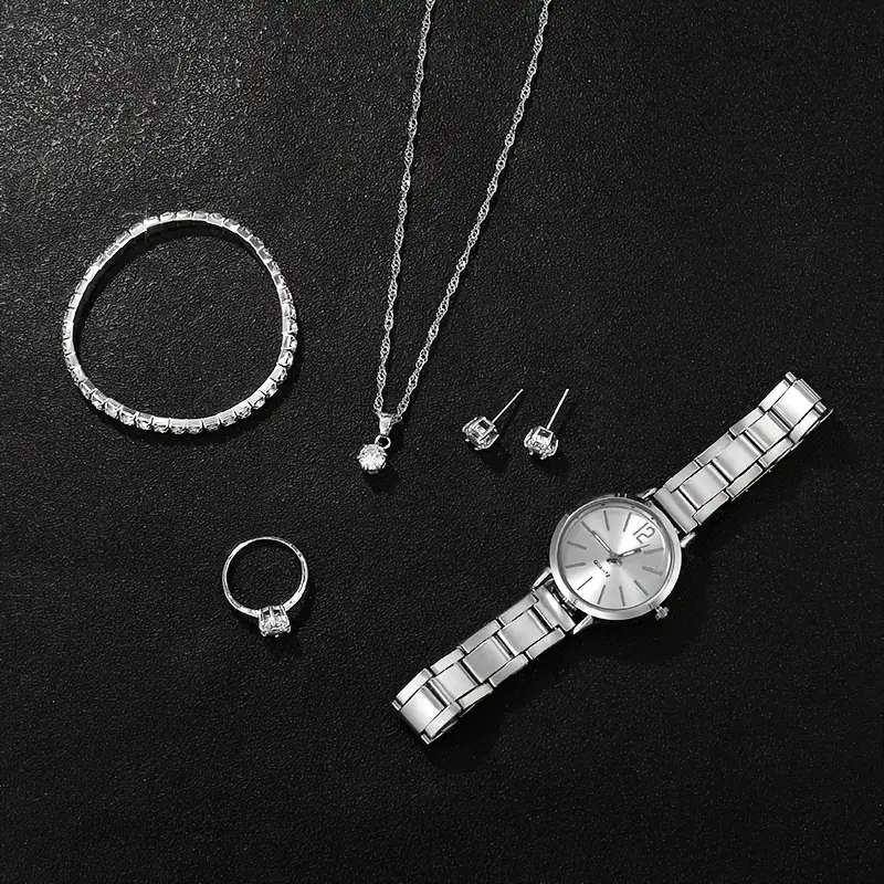 Elegant 6-Piece Women's Quartz Watch And Rhinestone Jewelry Set
