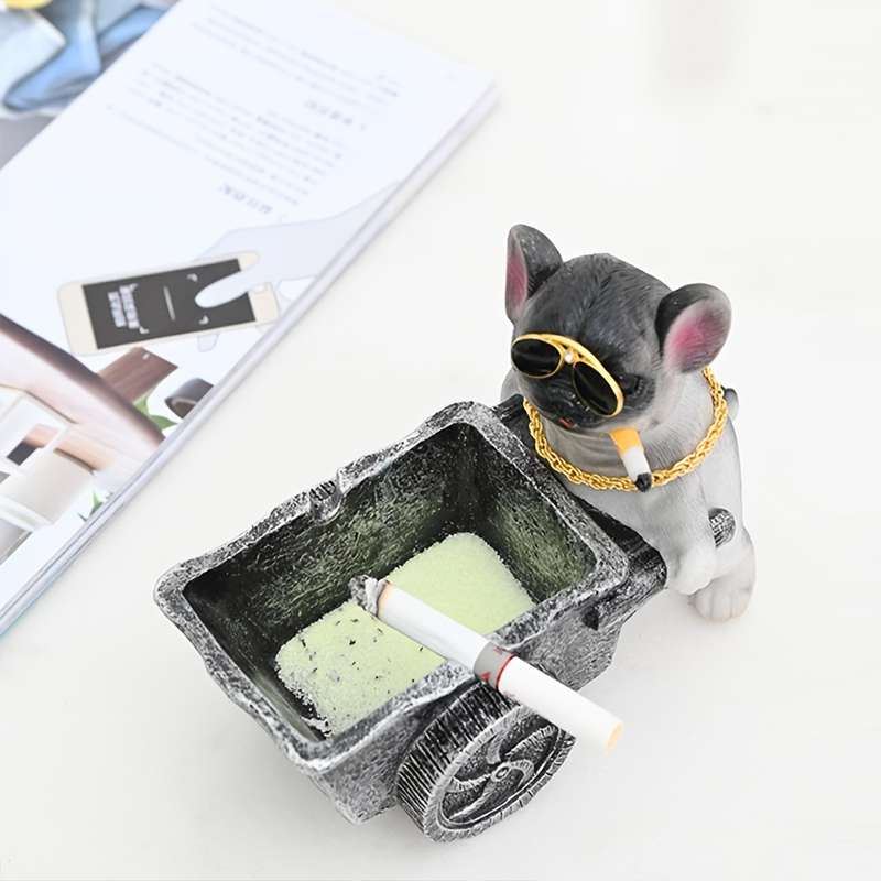 1pc Art Deco Resin Dog Ashtray with Glasses and Golden Chain Creative Decorative Pet Cart Design