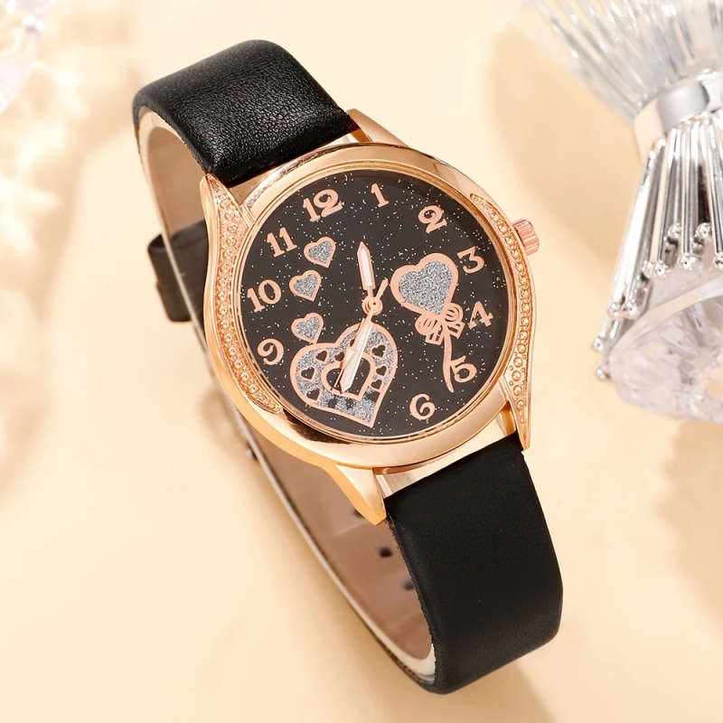 4pcs set Women's Fashion Quartz Watch Black PUPU Leather PU Leather Rhinestone Necklace Earrings Rin