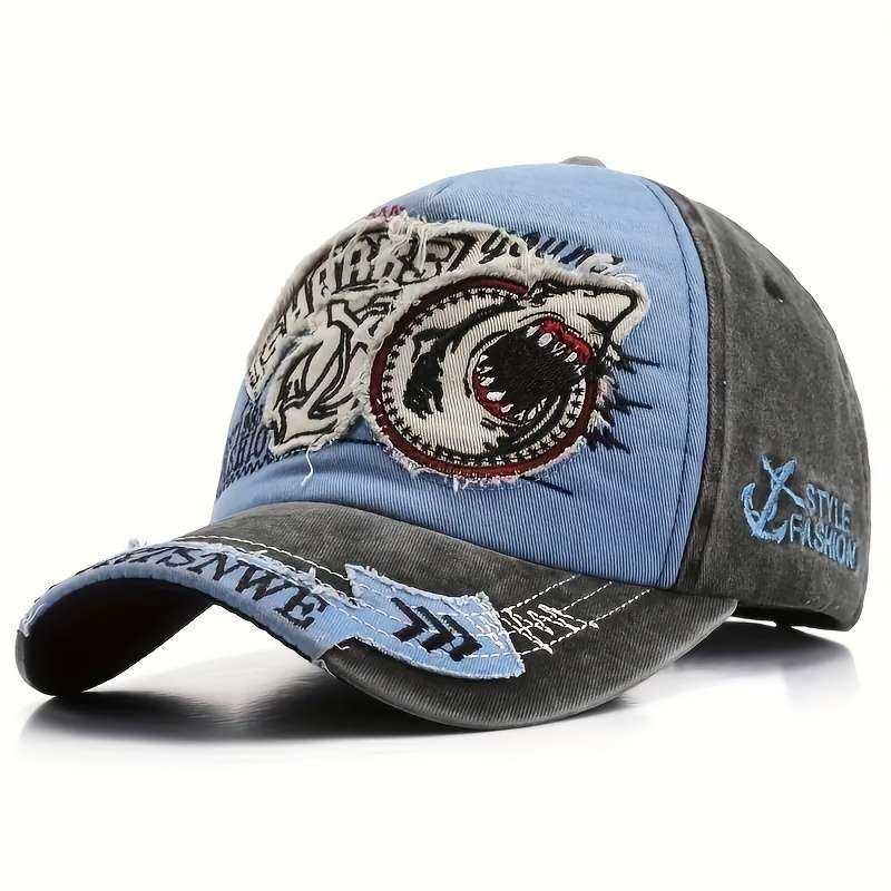 1pc Unisex Vintage Washed Baseball Cap with Shark Embroidery Adjustable Trucker Hat for Men Wom