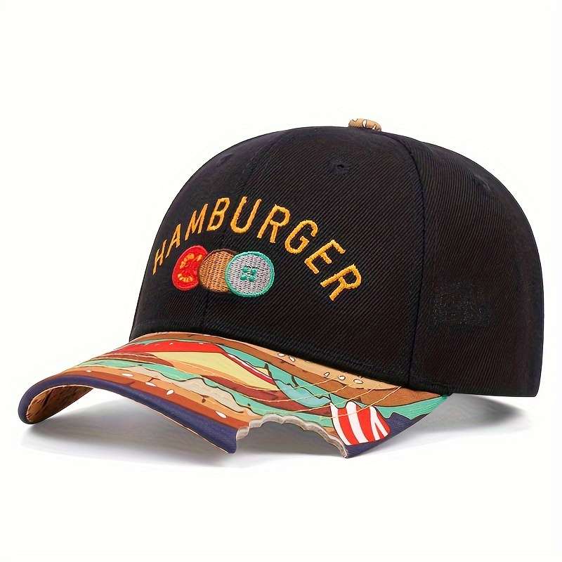 1pc Men's Cap With HAMBURGER Embroidery And A Flat Brim Men's Casual Adjustable Buckle Baseball Ca