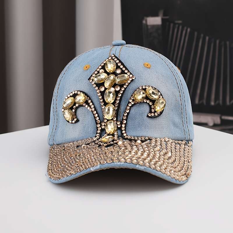 1pc Luxury Rhinestone Embellished Denim Baseball Cap Unisex Adjustable Fit with Sun Protection