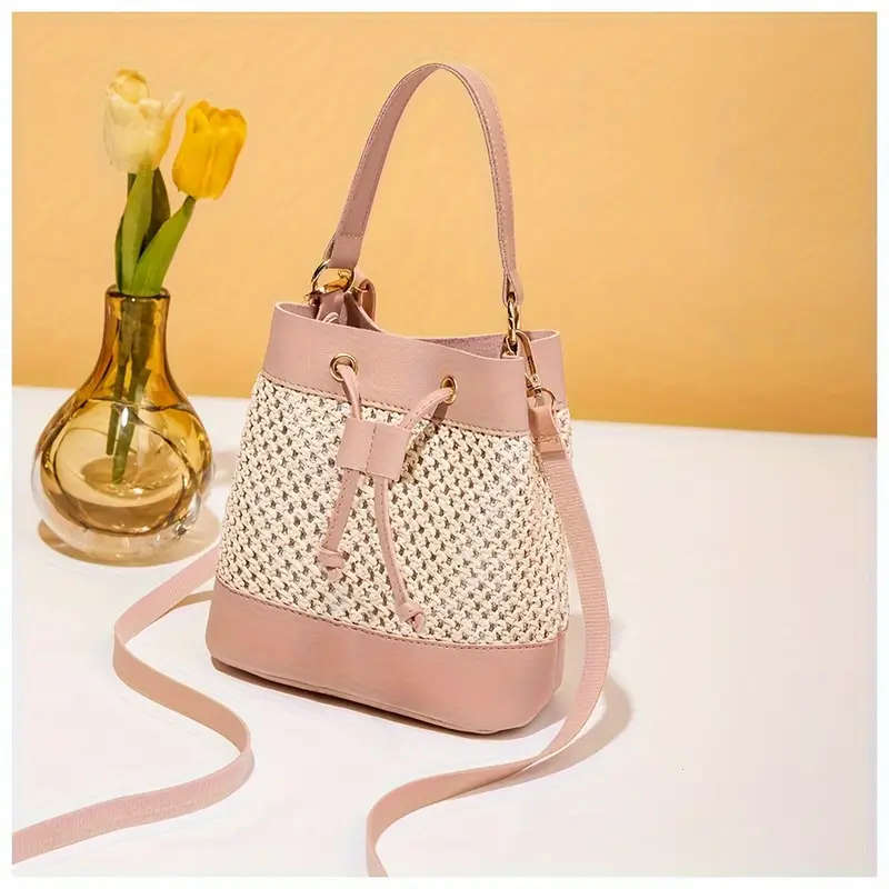 1pc Chic Hollow-Out Bucket Bag for Women Korean Style Woven Crossbody  Shoulder Bag in Beige