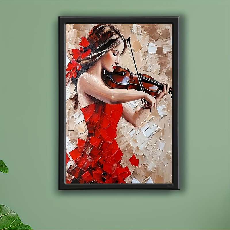 1pc  Framed Abstract Canvas Art Elegant Woman Playing Violin in Red Dress Unique Wall Decor f