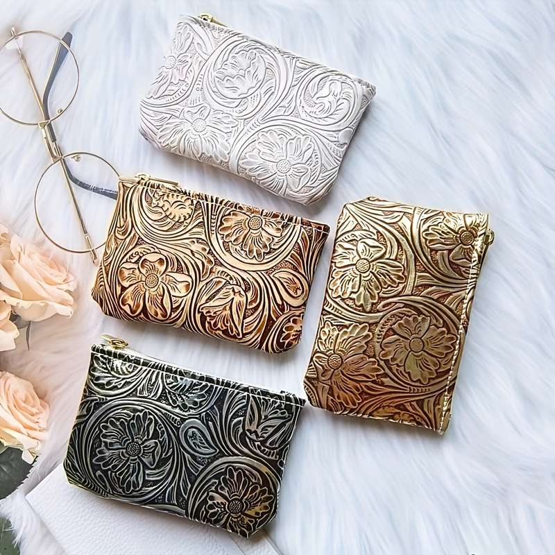 1pc Vintage Floral Embossed Faux Leather Coin Purse Fashion Hard Shell Zippered Key Pouch No