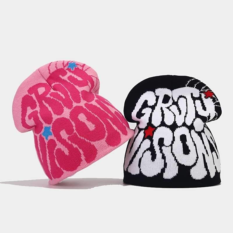 1pc Unisex Acrylic Y2K Hip-Hop Knit Beanie Elastic Skull Cap with Letter Jacquard Warm Ski