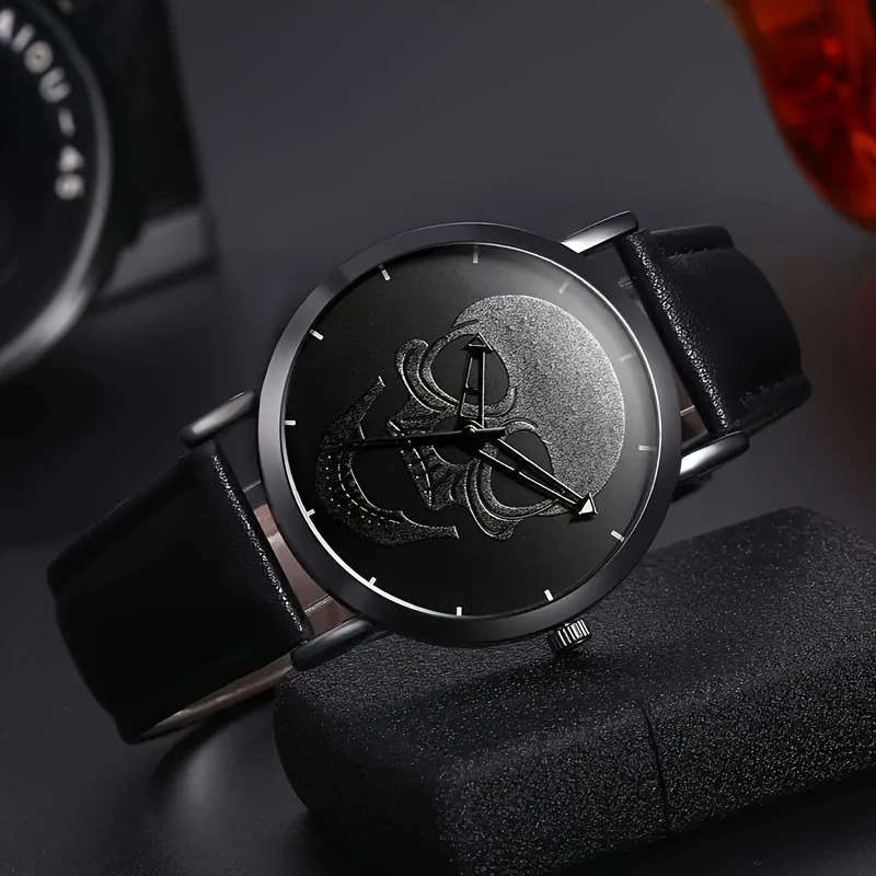 4pcs New Men'S Personalized Skull Pattern Black Quartz Watch Stylish Bracelet Set a Father'S Day Gif