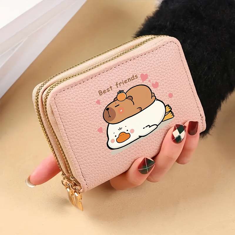 1pc DEABOLAR Cute Capybara Double Zipper Wallet Pink Faux Leather Credit Card Holder with "Be