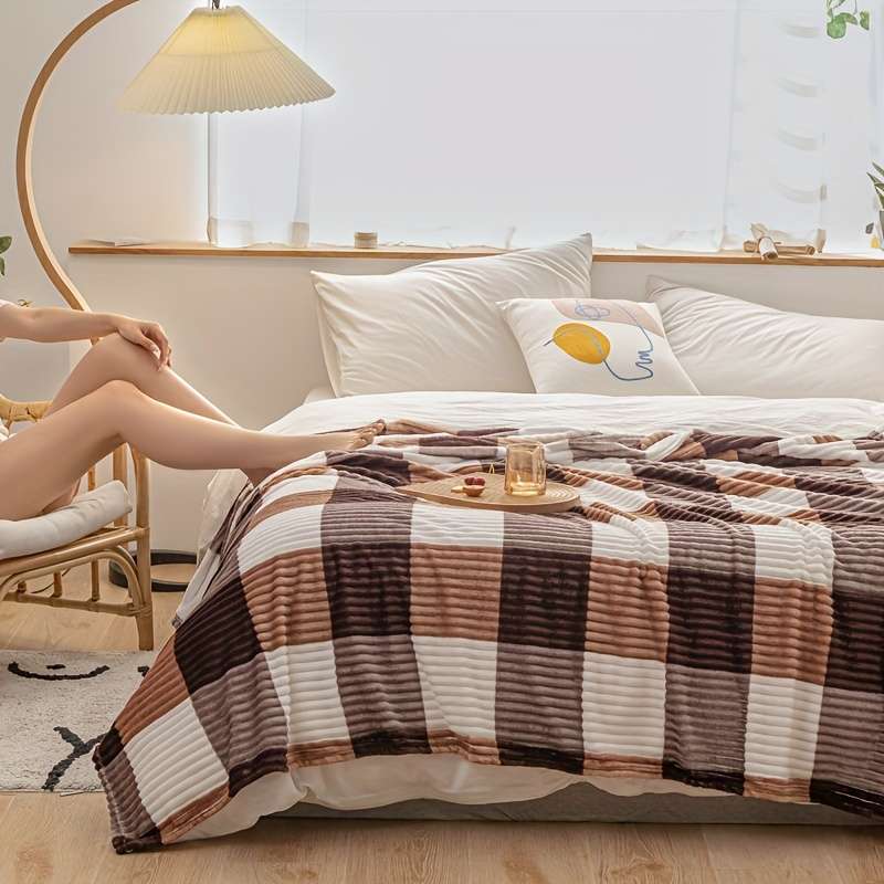 1ps Blanket Color Coffee Gray Grid size 180x200cm