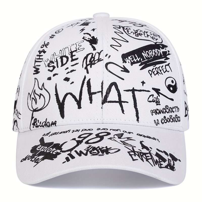 1pc Ladies WHAT Graffiti Baseball Cap: Adjustable Sun-Protective and Perfect for Outdoor Adventur