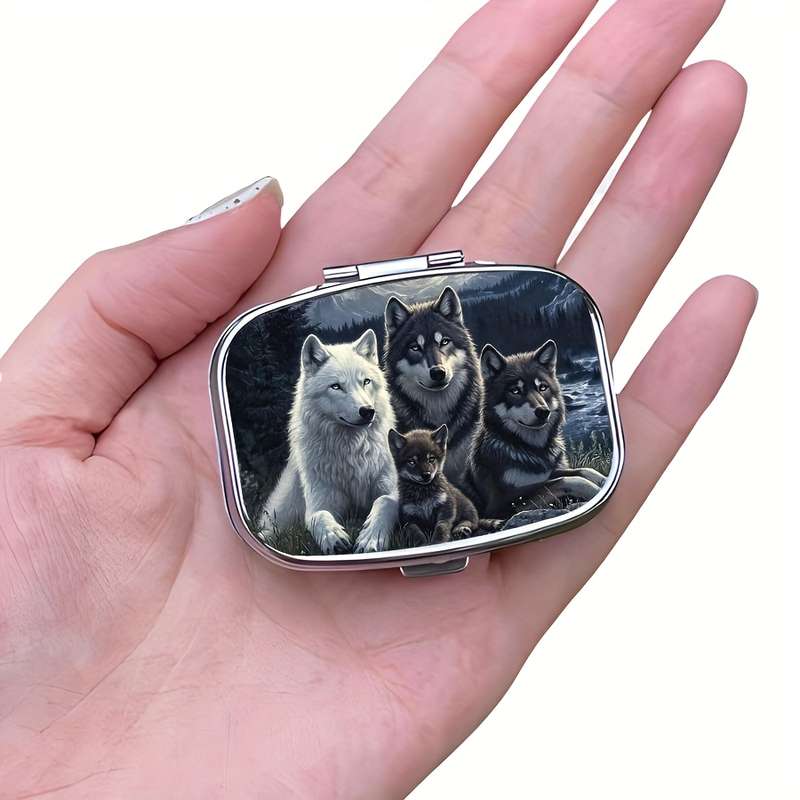 1pc Wolf Family Metal Pill Box C Portable Decorative Organizer with Realistic Wolf Artwork Com