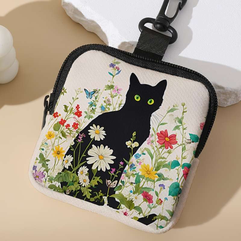 1pc Chic Black Cat Floral Print Coin Purse Spacious Polyester Wallet with Key Holder Ideal Gif