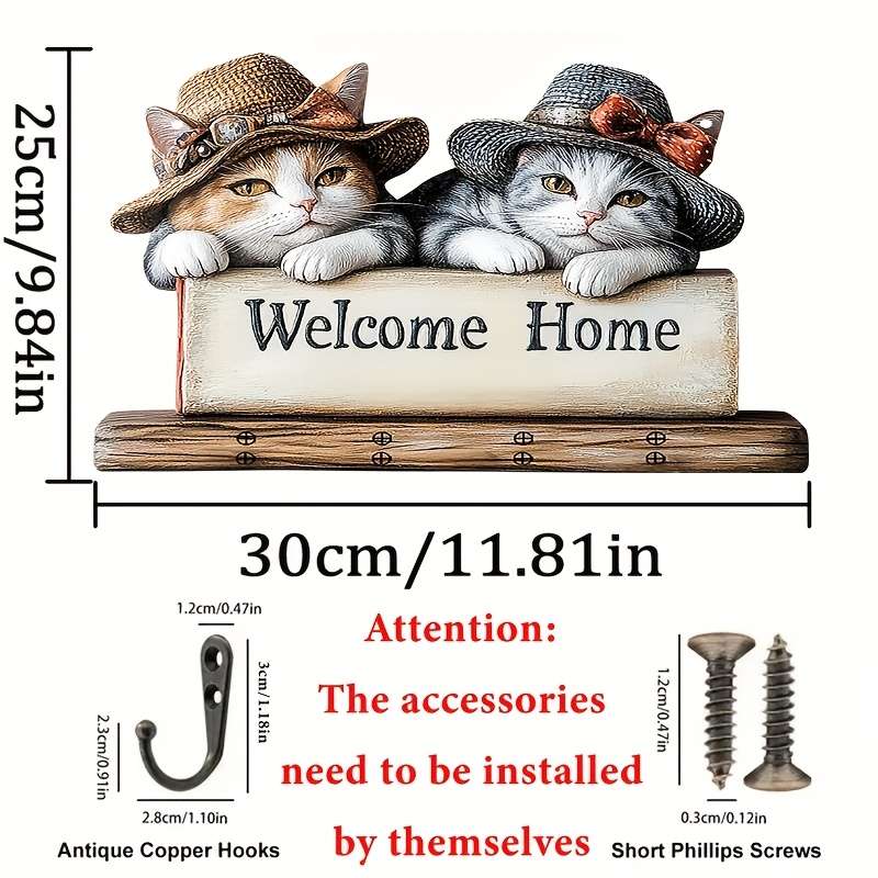 1pc Kitten Welcome Key Hook Simple Colorful Wooden and Home Key Hanger with Four Metal Hooks (11.8