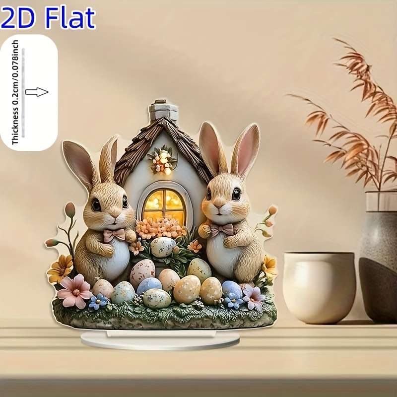 1pc 2D Flat   Easter Bunny Acrylic Sculpture with Luminous Windows No Power Festive Hom