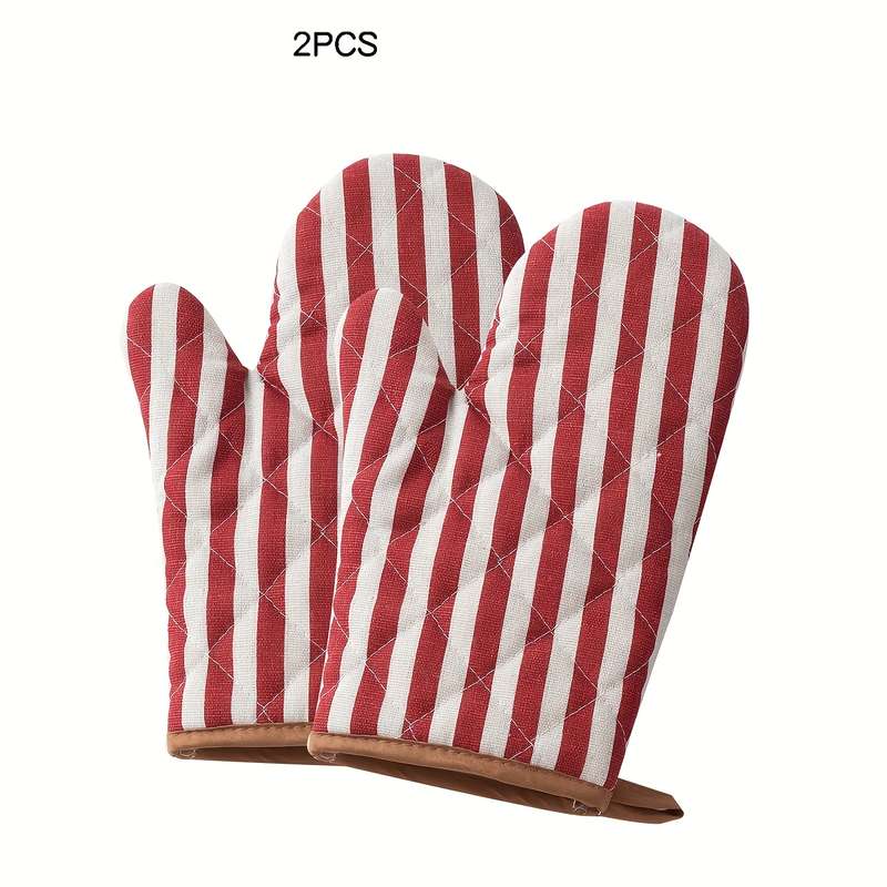 2pcs Heat-Resistant Kitchen Oven Mitts Thickened Polyester withLinen-Like Texture Red Wh