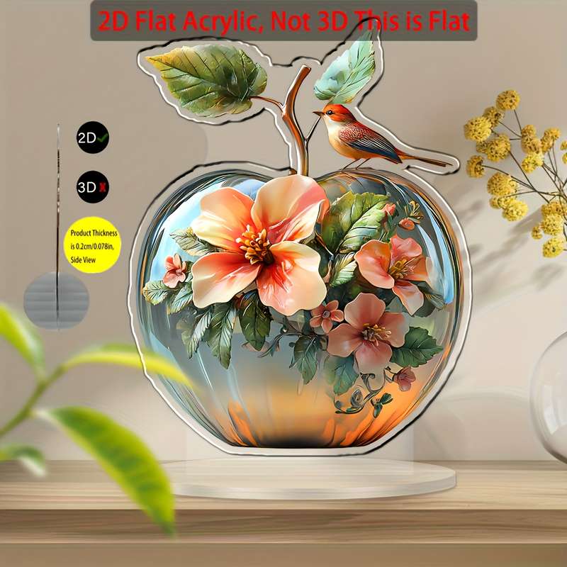 1pc 2D Flat   Boho Style Acrylic Apple Decorative Figurine with Floral and Bird Design Versatil