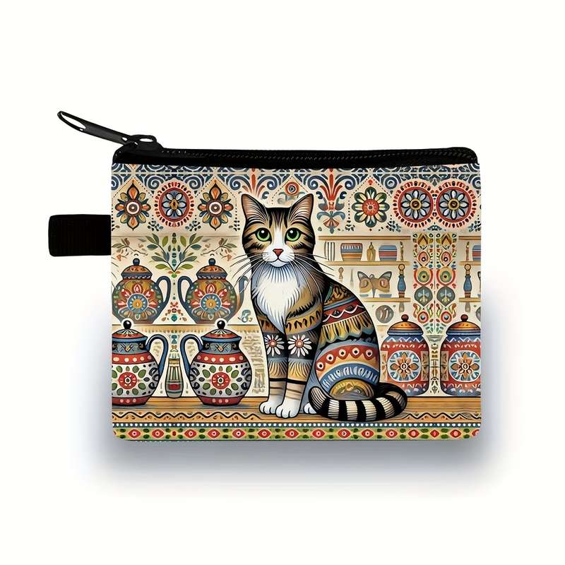 1pc Bohemian Style Cat Print Pouch Vibrant Floral Teapot Design Zipper Closure Polyester Mate