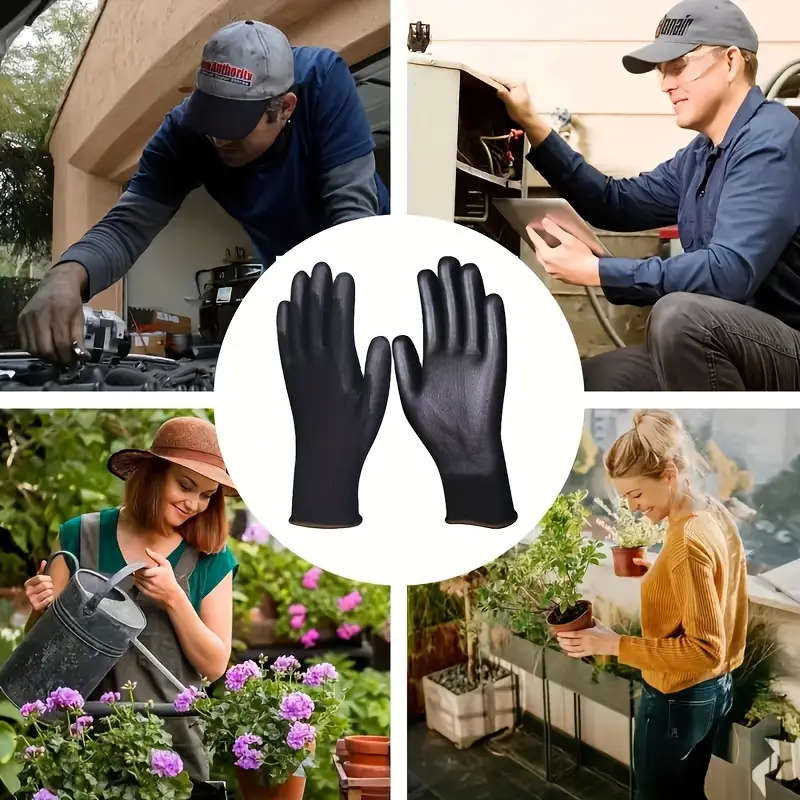 8pcs Durable Black Work Gloves Size XL Non-Slip Tear-Resistant PU Coated Palm for Gardening Construc