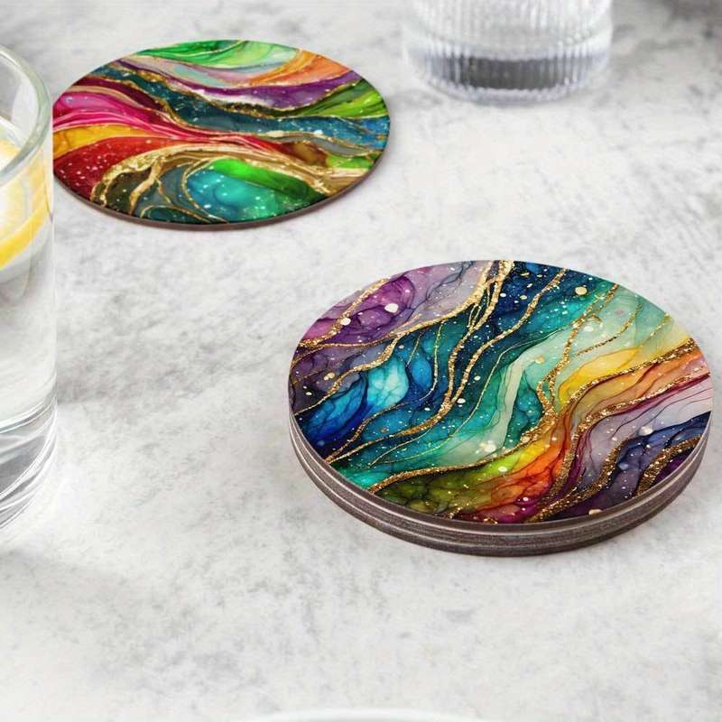 4pcs Rainbow Marble Pattern Wooden Trivet Placemats Heat Resistant Pot Holders Multipurpose